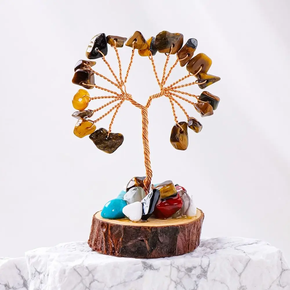 Multicolor Mini Crystal Trees Positive Energy with Wooden Pile Base Fortune Tree Figurine Copper Wire Handicrafts