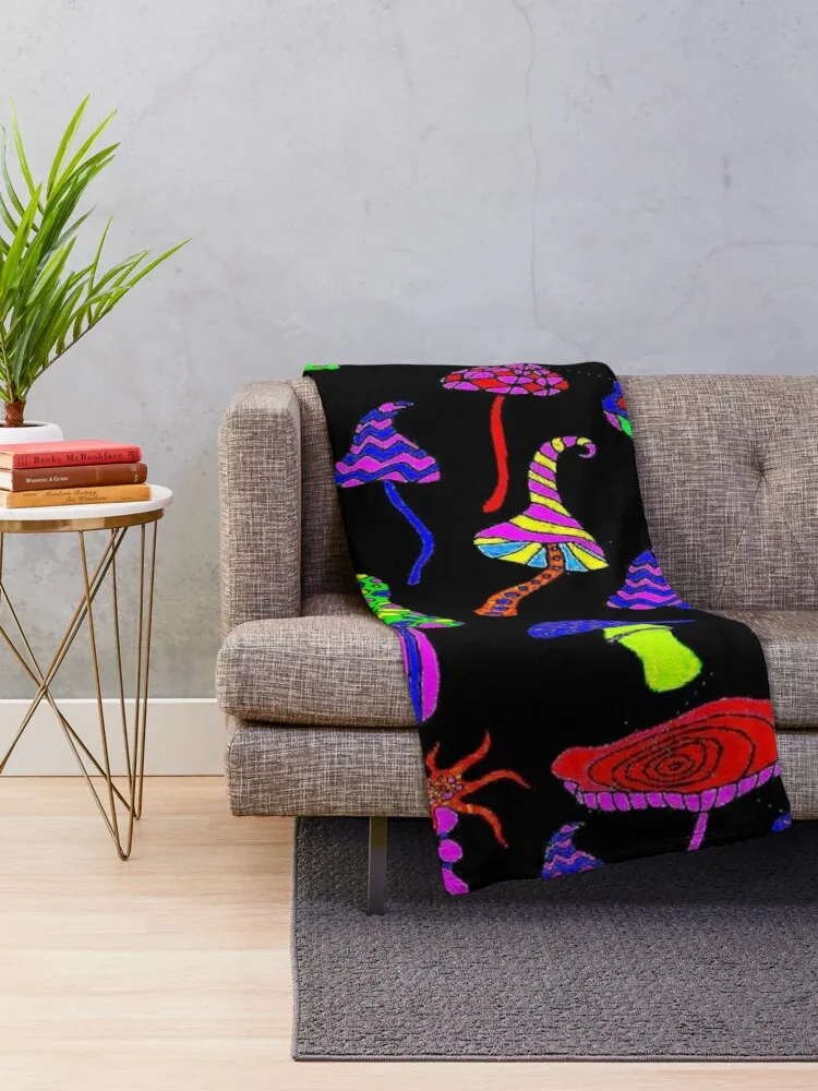 MAGIC MUSHROOMS : Abstract Psychedlic Whimsical Print Throw Blanket Summer Blanket Nap Blanket