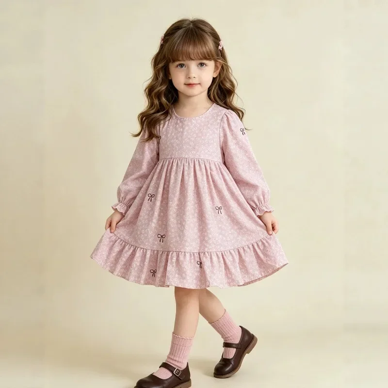 Kinder Mädchenkleid RAISE Herbst Schleife Blumendruck Kinder Mädchen Prinzessinnenkleid Rundhals 2-8 Jahre Mädchen Langarmkleid Haarband – Detail 3