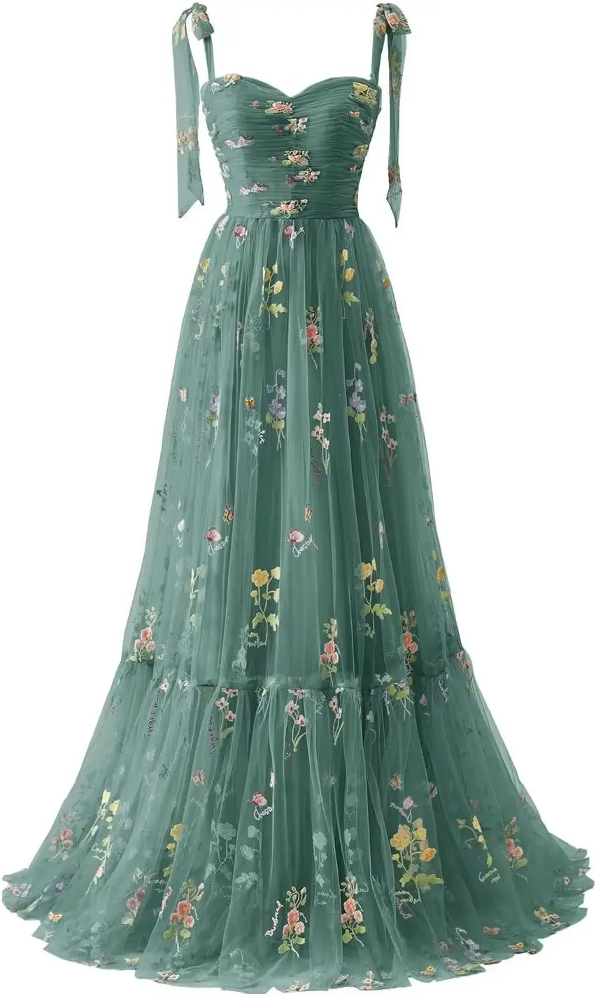 

A Line Long Tulle Flower Embroidery Homecoming Dress for Women Spaghetti Strap Formal Evening Party Floral Gowns