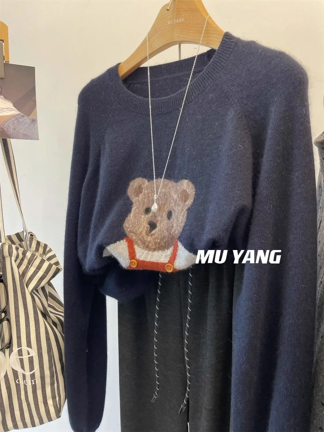 Korejpaa Sweet Cartoon Bear Jacquard Sweater Kawaii Clothes Korean Fashion Round Neck Pullover Top Gentle Casual Pull Femme