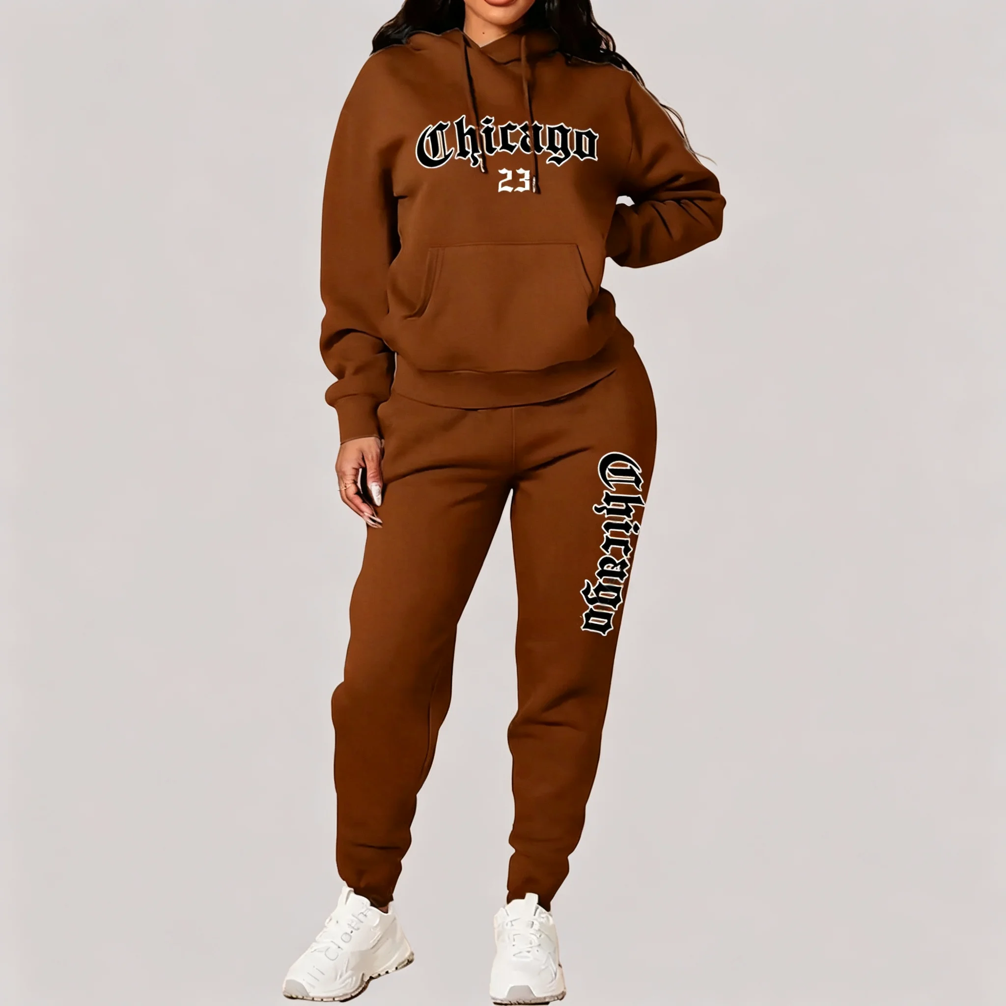 Women's Sets Hoodies Pants 2 Piece Outfits Aesthetic Sportswear Sweatsuit Chicago Graphic Letter Print Plus Size Pink Tracksuit view 5