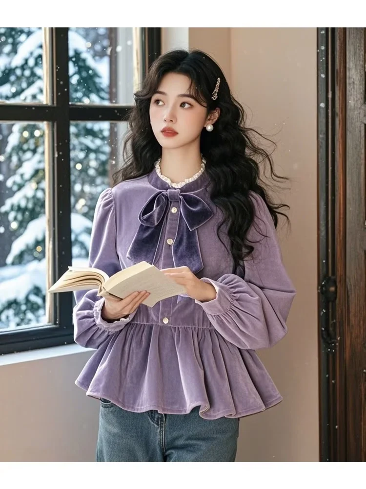 

Women's Ruffles Cute Bow Tie Tops Preppy Style Vintage Japanese Korea Design Button Elegant White Purple Shirts Blouses JJ273