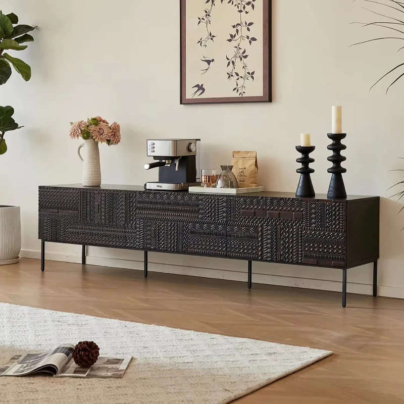 

2024 luxury modern style custom wooden TV cabinet pomelo wood carving lace black living room home furniture
