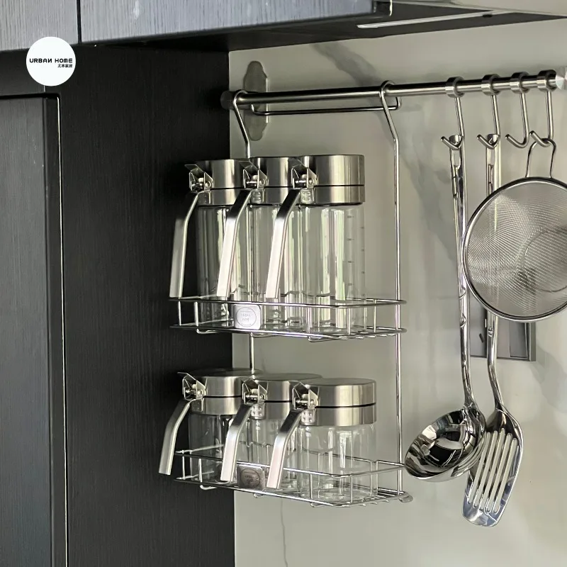 Stainless Steel 2-Tier Hanging Basket Kitchen Spice Organizer Utensil Drainer Storage Shelf Wall Mounted Kitchen Shelf System