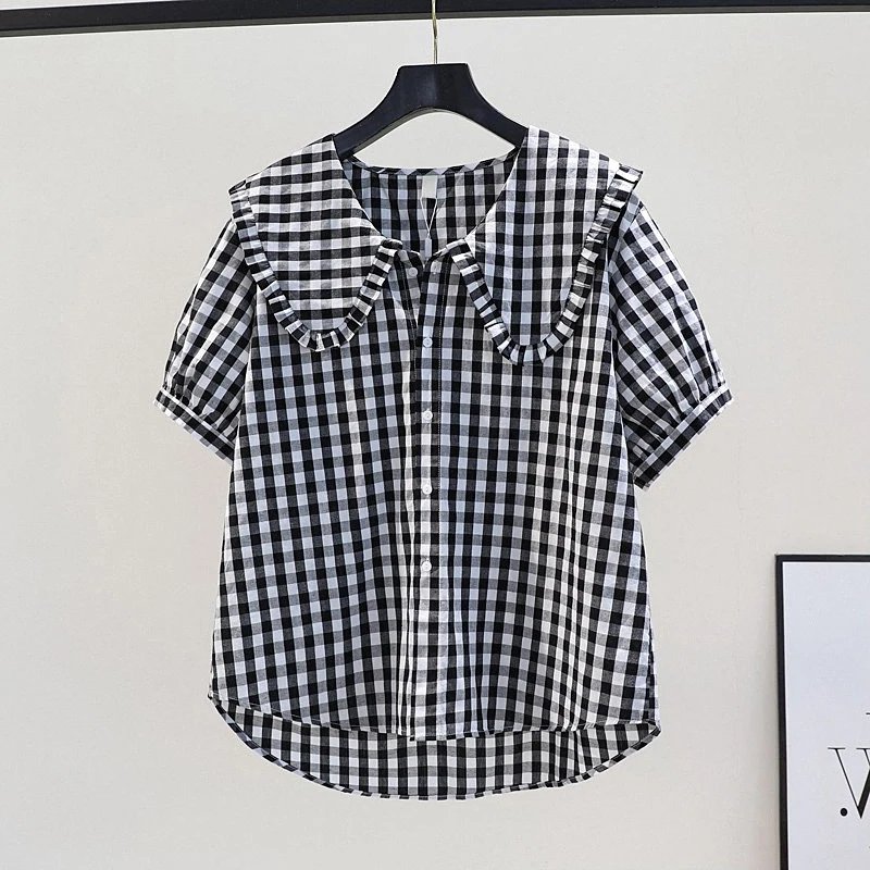 

Summer New Korean Style Loose Cotton Shirt Women's Plaid Doll Collar Short Sleeve Sun Protection Top Fashion Sensation