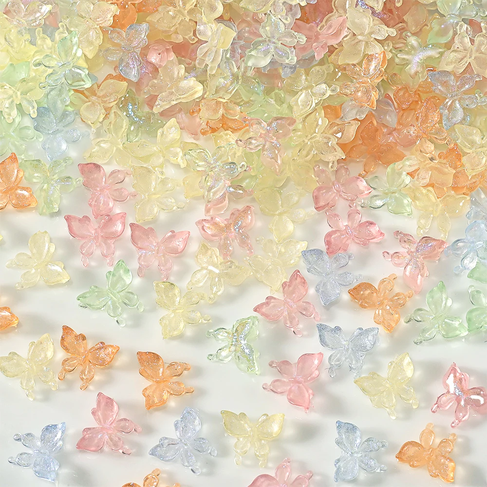 200-300 개/가방 반짝이 나비 3D 네일 참 8x10cm 수지 플랫 백 나비 네일 아트 다채로운 오로라 나비 매니큐어 부품