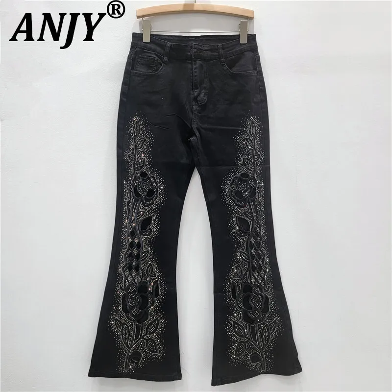 

ANJY Autumn New Women Flared Jeans Heavy Craft Hollow Out Studded Diamonds Elegant High Street Y2K Ins Casual Denim Pants A11244