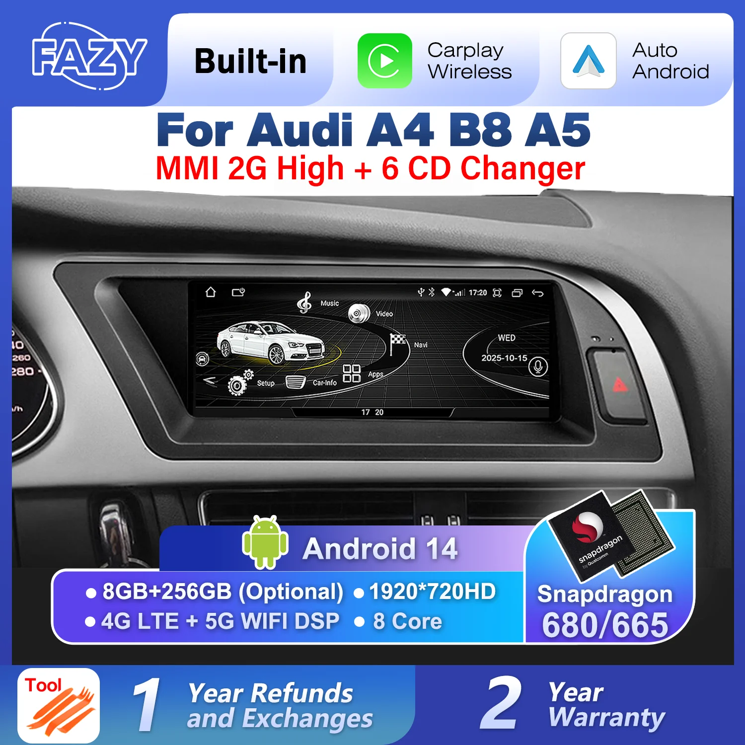 FAZY 8.8 Inch Android 14 Carplay Multimedia Stereo Touch Screen For Audi A4 B8 A5 2008-2012 MMI 2G High CD Changer GPS Head Unit
