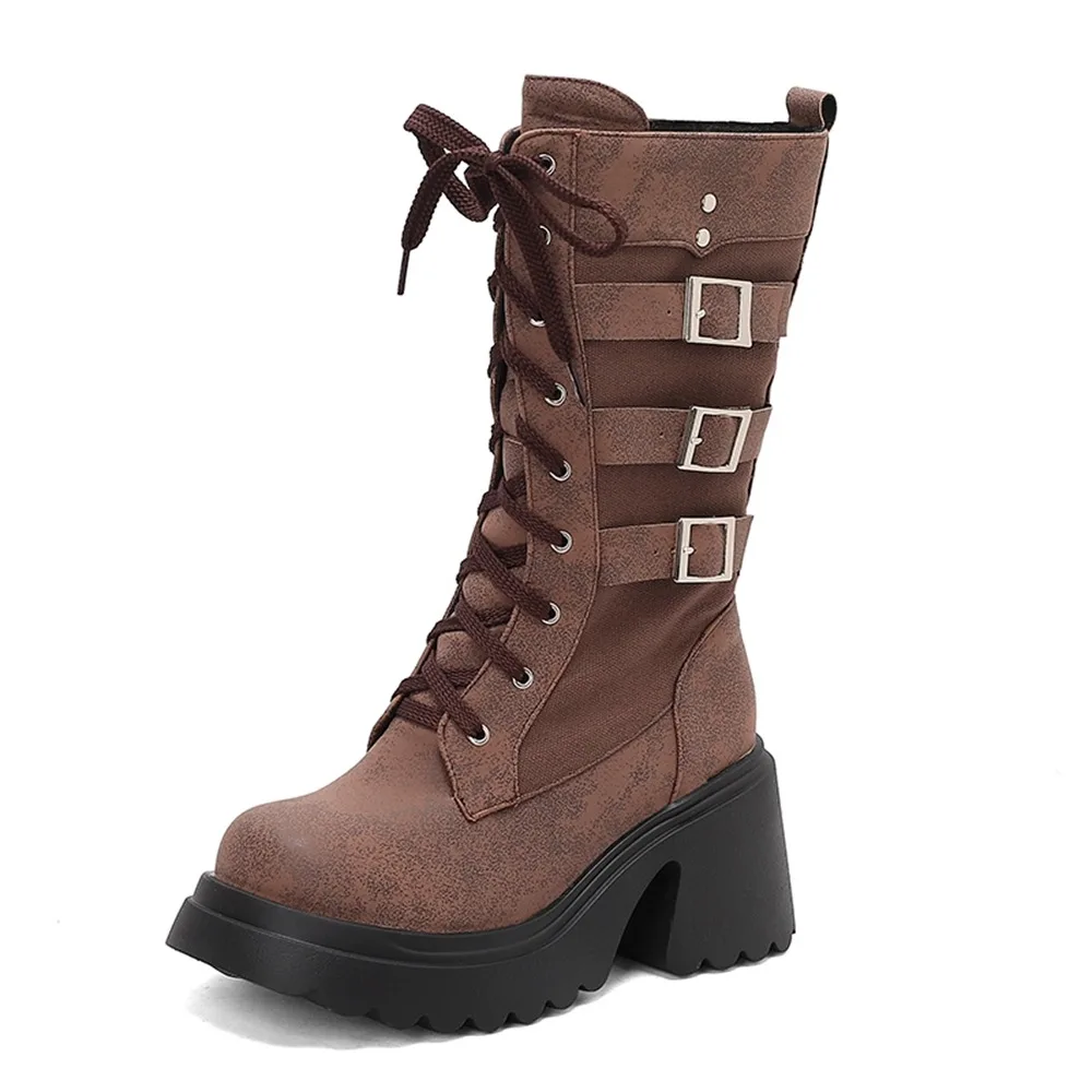 Women Mid Calf Combat Boots Buckle Strap Lace Up Platform Block Heel Winter Fleece Lined Boots Size 35-43 820-3