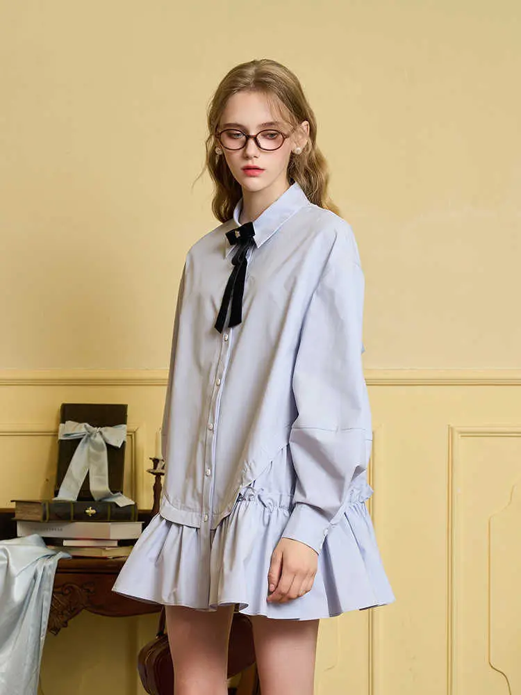 

QWEEK Shirt Dress Women Preppy Style School Student Patchwork Ruffles Mini Short Dresses 2024 Fashion Autumn Long Sleeve