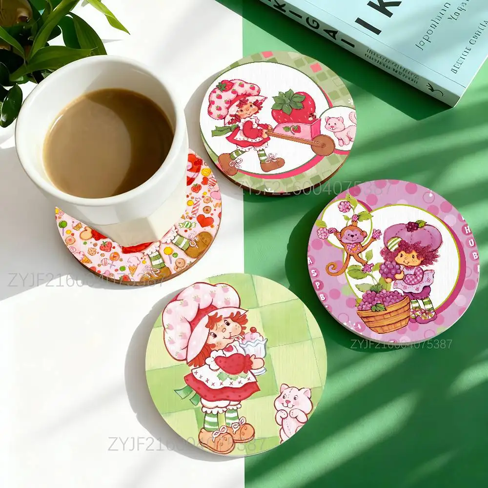 

S-Strawberry S-Shortcake Pink Round Wooden Coasters For Cute Design Suitable for Drinks Tea,Coffee Home Gift Choice Holidays