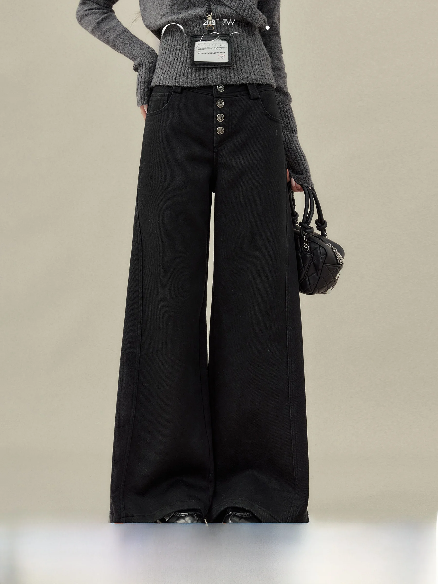 

Vintage Design Wide Leg Floor-Length Jeans Women's Patchwork Black Jeans Button High Waist Loose Fit Winter Collection