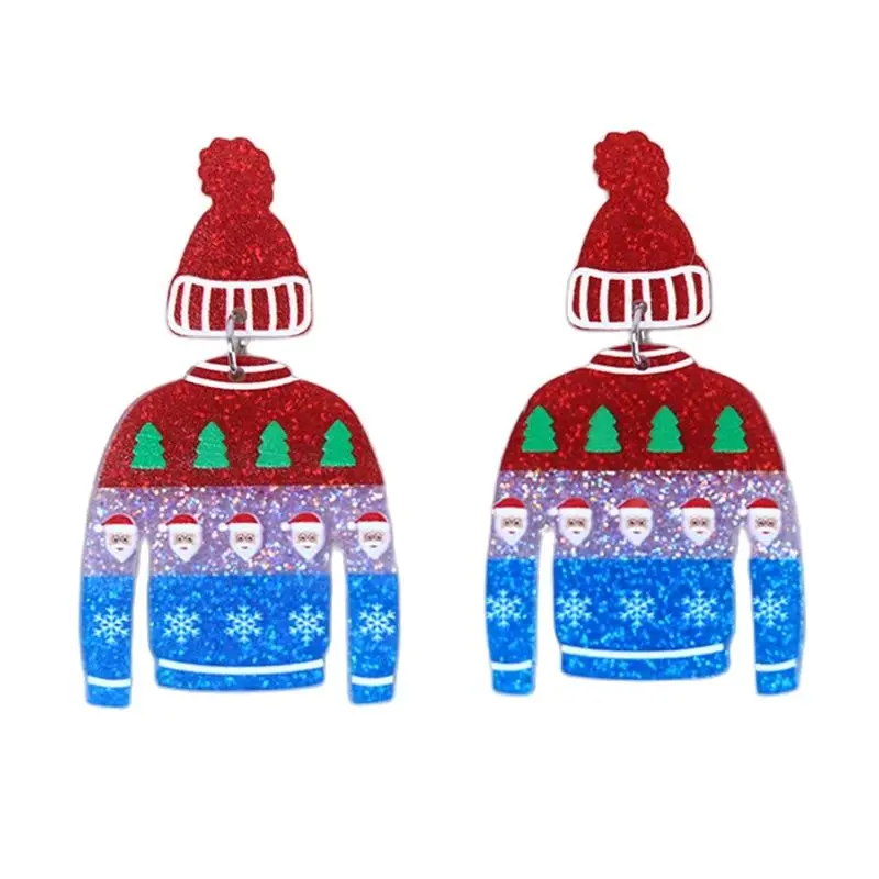 Winter Christmas Hat Sweater Earrings Fashion Bow Knot Wine Cup Red Scarf Bear Santa Claus Candle Snowflake Print Earrings