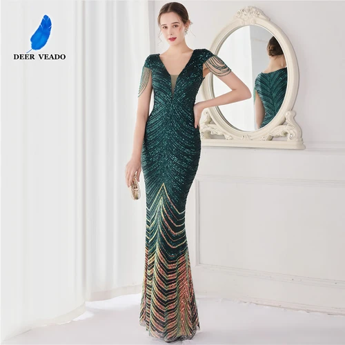 DEERVEADO elegante vestido de noche de sirena con cuello en V largo de lujo con cuentas vestidos de fiesta de noche para mujer 2025 nuevo vestido Formal 19085
