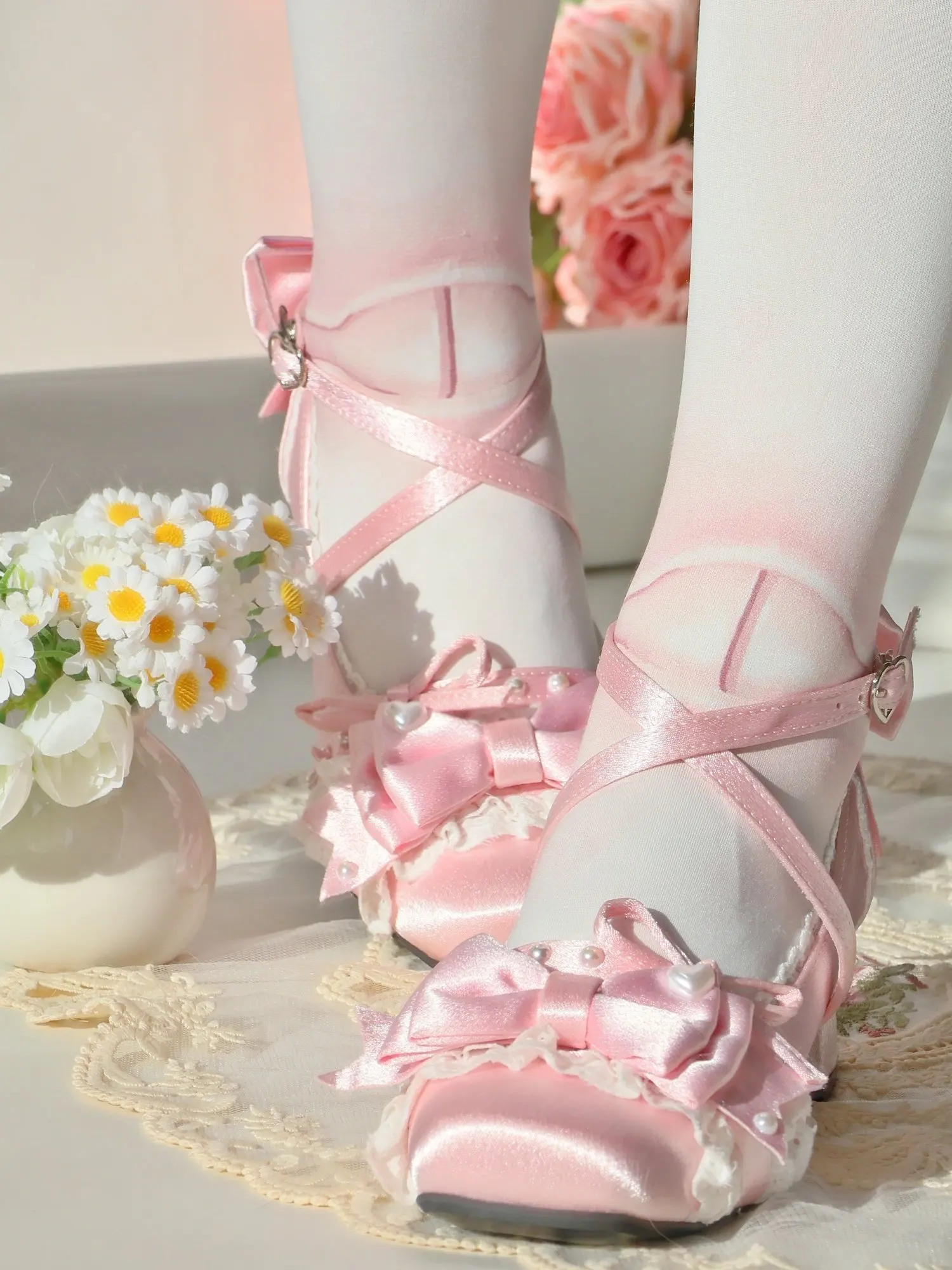 Sweet Lolita Vintage Satin Lolita Mary Jane Heels Square Toe Cross Strap Lace Bow Pearl Block Heel Women Ballet Style Pumps