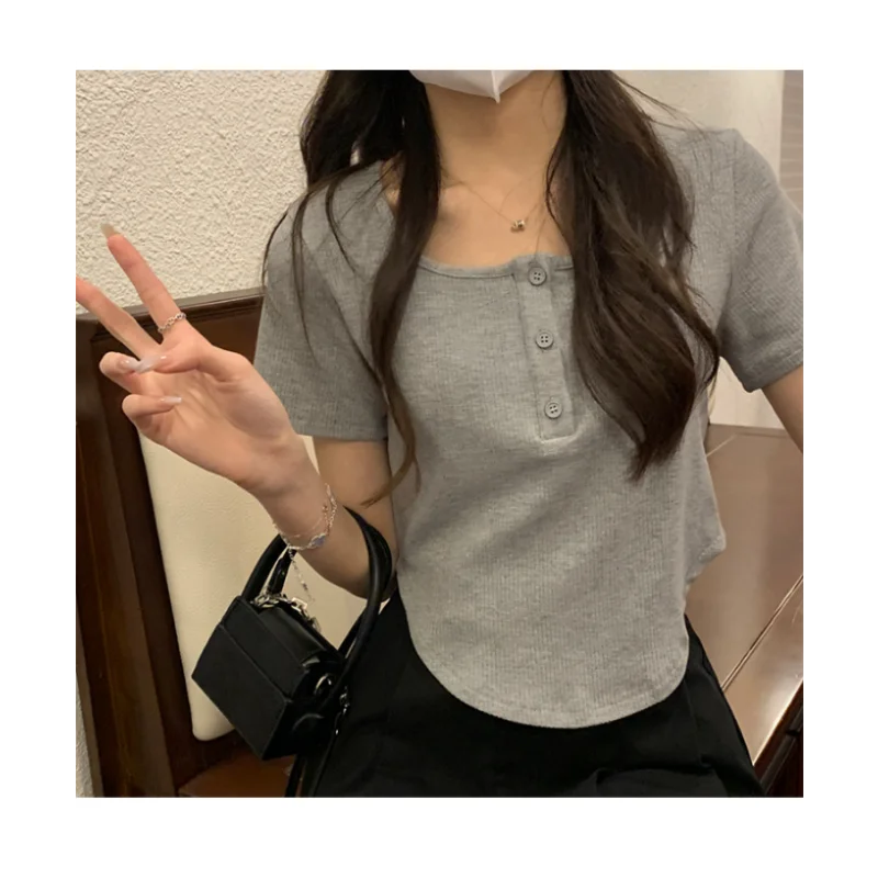 Y2k Korean Sweet Tee Casual Slim Fit Women's T-Shirt Summer Crew Neck Short Sleeve T-shirts Women Solid Button Simple Tops Tees