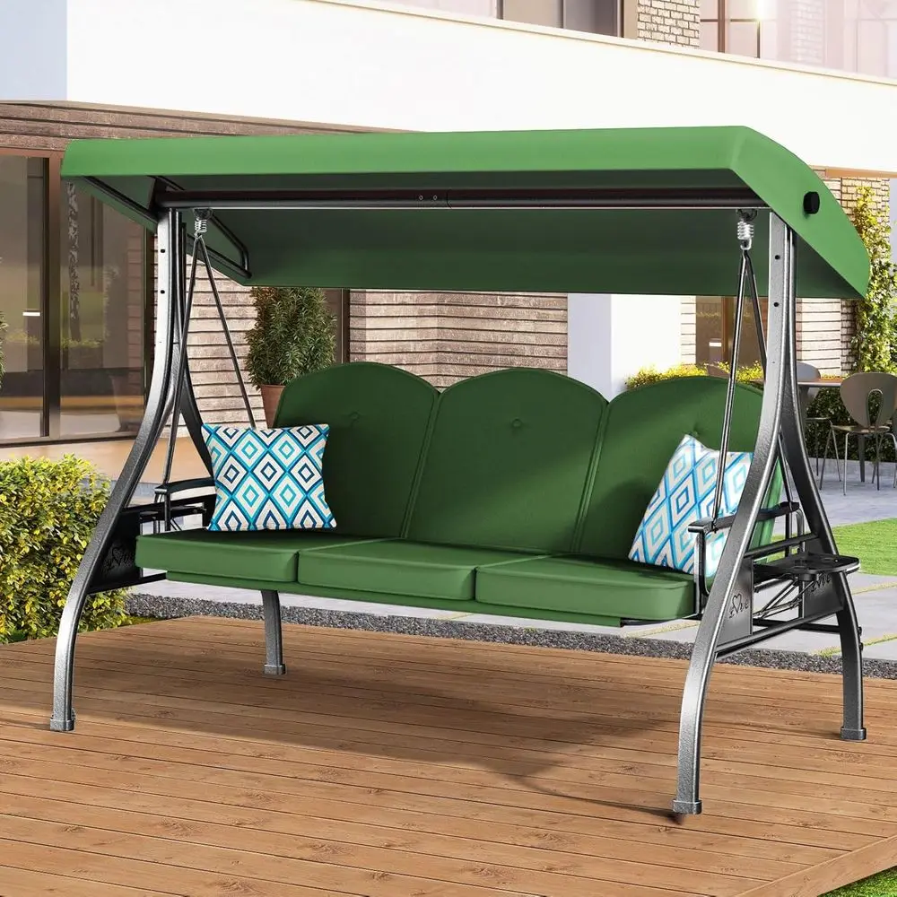 

3-Seat Outdoor Swing with Stand, 800lbs Capacity, 2-in-1 Swing Bed, Adjustable Cushion (Green)