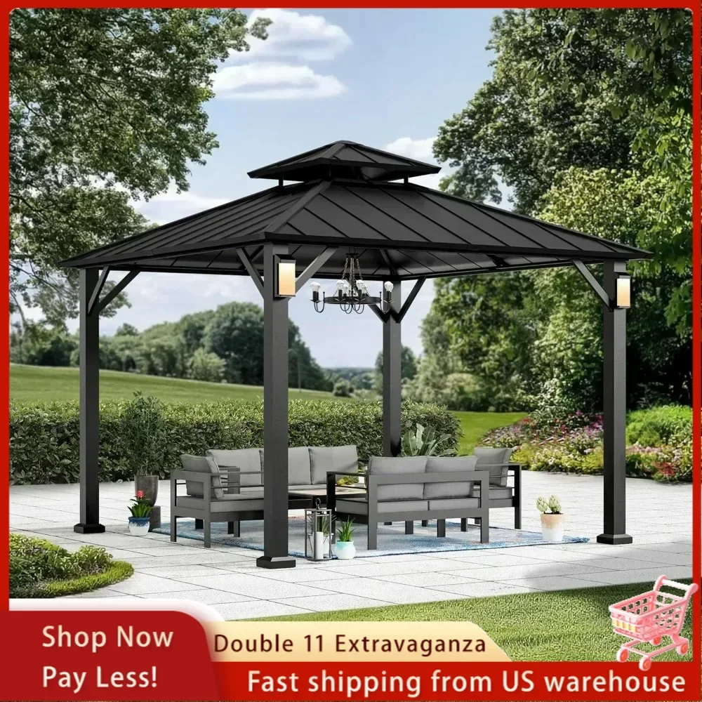 

Modern Shade Hardtop Gazebo 10' x 10',with 4 LED Lights, Outdoor with Galvanized Steel Roof & Frame Patio Gazebo for Backyard