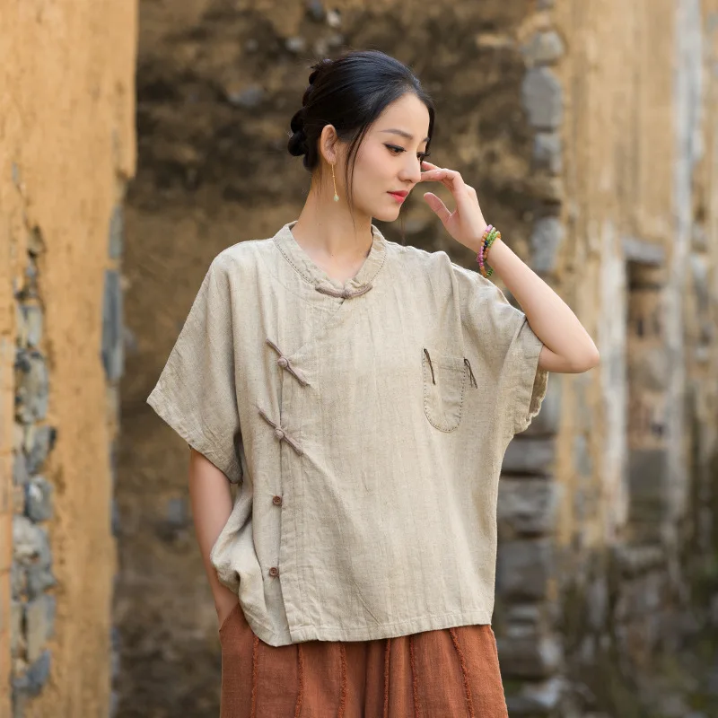 Autumn Linen Blouse: Tie-Dye, Hand-Stitched, Diagonal Placket & Frog Buttons, Designer New Chinese Style.