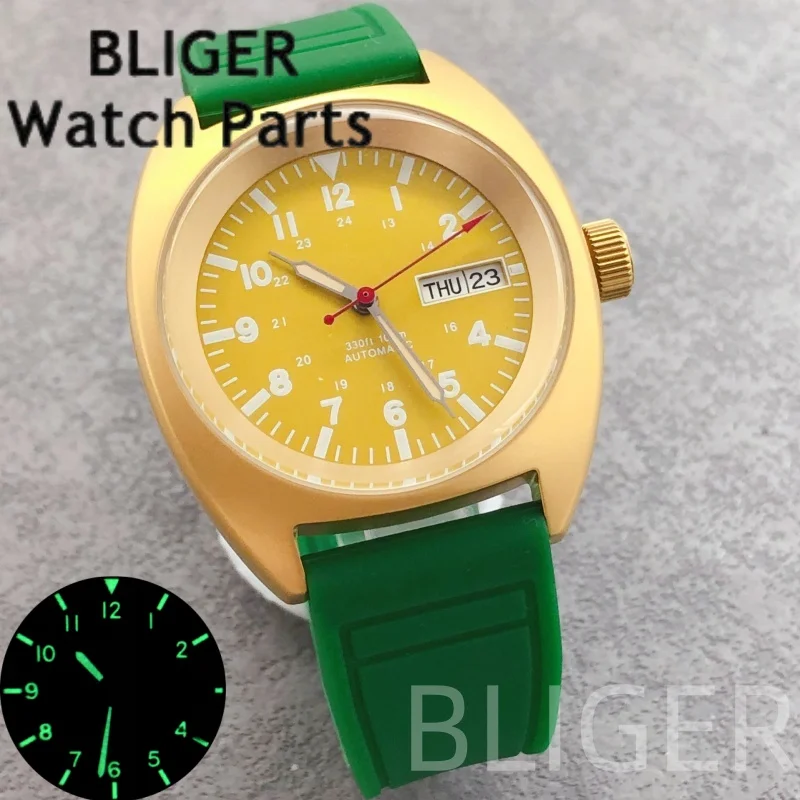 

BLIGER 36 мм часы-пилот для мужчин NH36A с автоматическим механизмом, золотой матовый маленький корпус с короной, минеральное стекло, 100 м, резиновый ремешок для дайвинга
