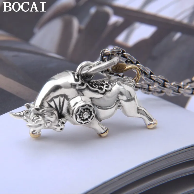 BOCAI NEW S925 Pure Silver Retro Personality Soaring Bull Aura Bull Pendant Men's Gift