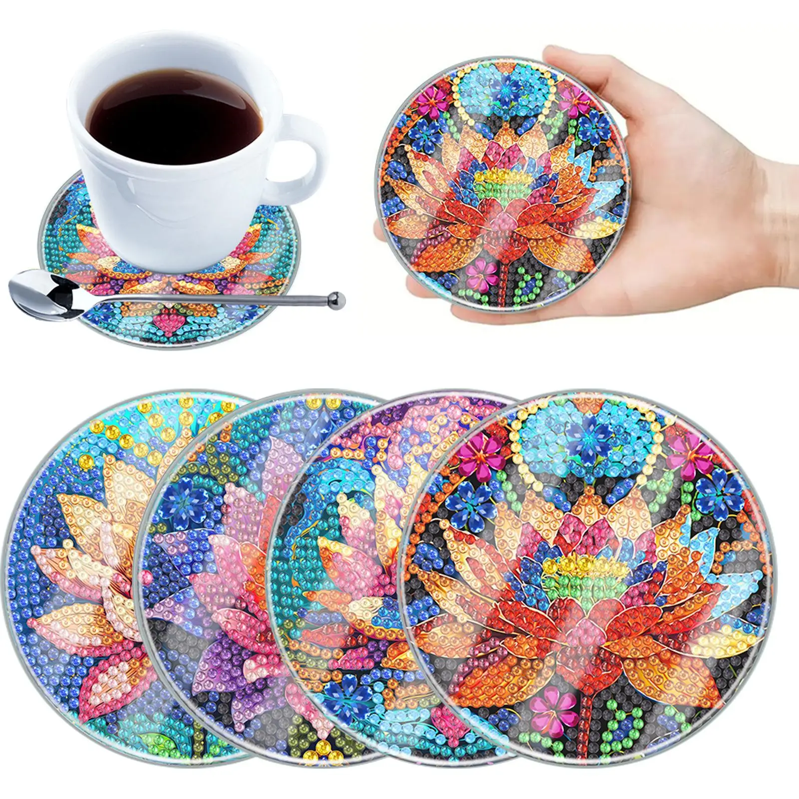 

4pcs Acrylic DIY Full Drill Diamond Coaster with Holder Diamond Painting Crafts Coaster for Adults and Beginners Home Decoration
