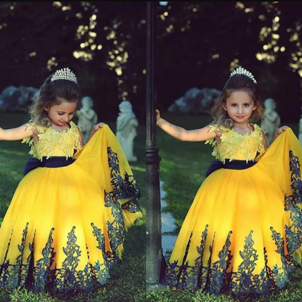 فستان زفاف فتاة الزهور الصفراء مرحبا منخفض تول يزين الدانتيل بلا أكمام المتدرج الاطفال فستان حفلة عيد ميلاد ثوب التواصل الأول #1
