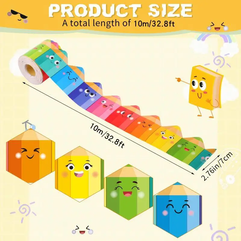 Cartoon Colored Pencil Bulletin Border Roll 10M Durable Craft Trim for Kindergarten Children DIY School Holiday Theme Decoratio