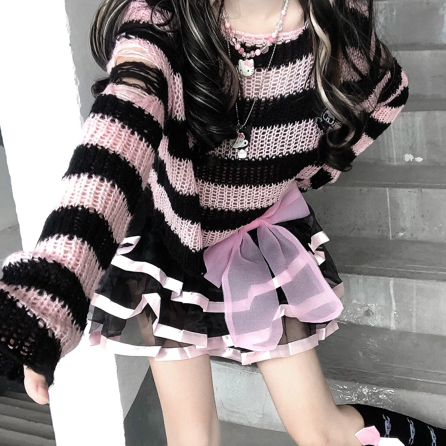 Y2K Pink Striped Gothic Sweaters Women Ripped Holes Loose Knitted Pullover Frayed Fairy Grunge Jumpers Emo Streetwear Lolita