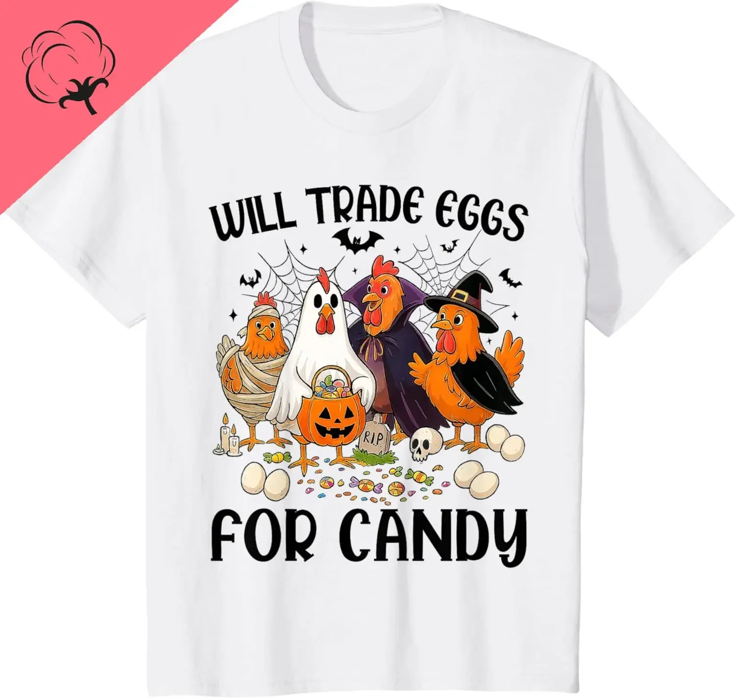 

Funny Chicken Trick or Treat Halloween Graphic Cotton T-Shirt Cute Farm Animal Candy T-shirt