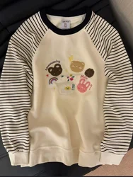 Japanese Embroidered Bear Cute Striped Raglan Sleeve Round Neck Loose Sweatshirt Harajuku Teens Preppy Style Pullover Students