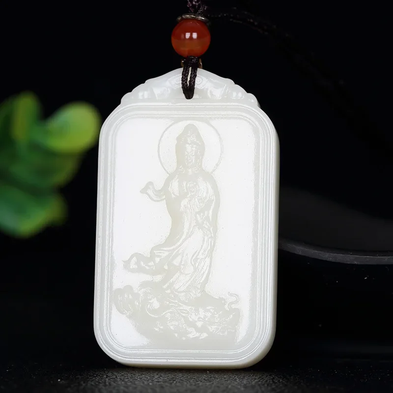 Natural Hetian White Jade Dragon Guanyin Brand Pendant