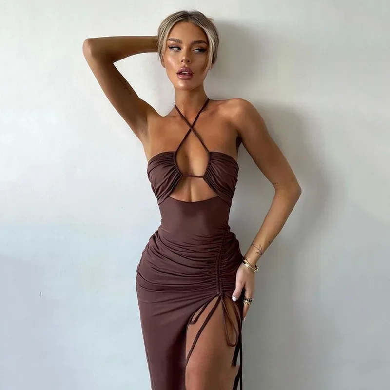 Summer Sexy Sleeveless Slit Dress Hollow Out Skinny Elegant Women Long Dresses 2024 Fashion Ladies Party Club Vestido