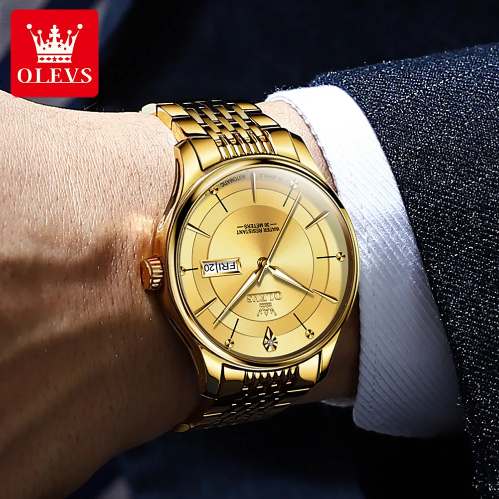 ساعة OLEVS 9927 للرجال أصلية ماركة ناضجة مقاومة للماء ساعة أوتوماتيكية من الفولاذ المقاوم للصدأ للرجال عرض تقويم مزدوج