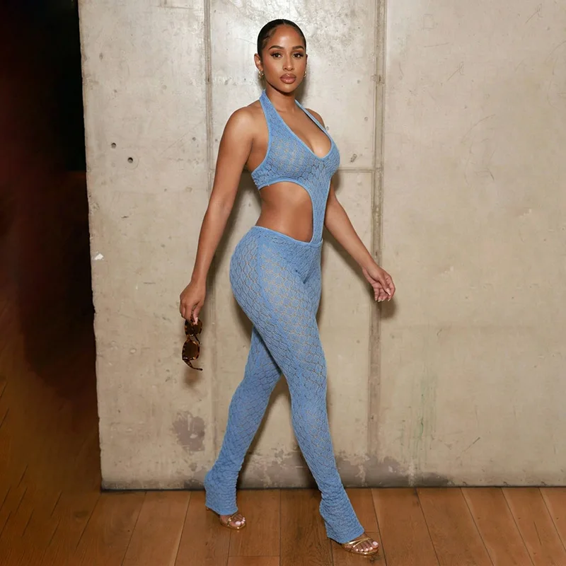 

Сексуальный комбинезон из сетки с вырезами, прозрачный, с открытой спиной, на бретельках, летний, 2026, женская одежда, уличный стиль, облегающий комбинезон