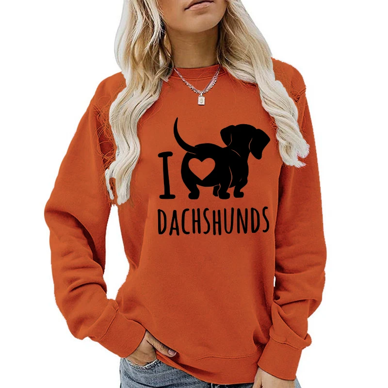 (A+Quality)Fashion I Love Dachshund Printed Sweatshirts Spring Autumn Winter Long Sleeve Round Neck Casual Sweater Women Hoodies