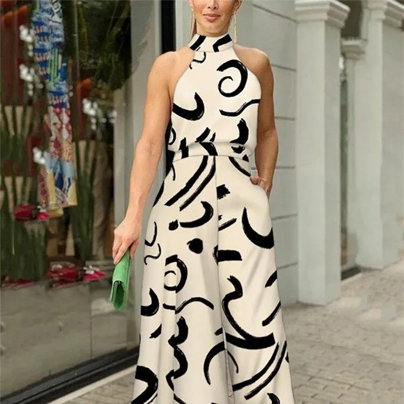 الربيع والصيف المرأة Ins جديد عصري جولة الرقبة مثير المطبوعة حللا أكمام جيب بذلة السراويل