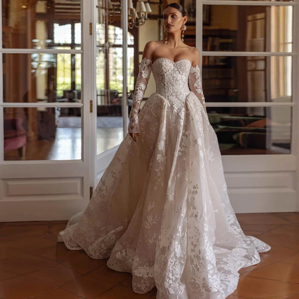 2025 sexy a linha vestido de casamento rendas adesivos sem alças manga longa vestido de casamento personalizado princesa luxo nupcial dr personalizado