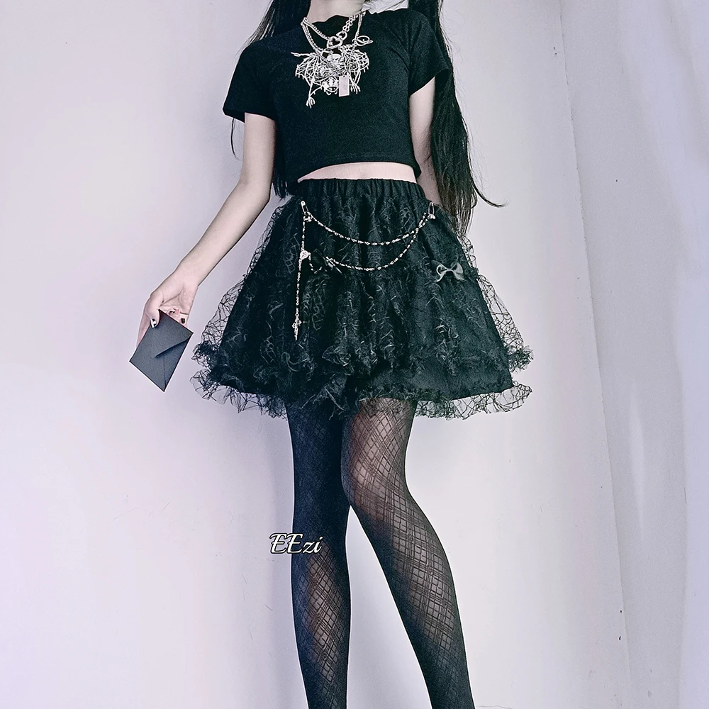 Gothic Black Lace Cake Skirt Harajuku Elastic Waist Tulle Skirt Y2k Bow Chain A Line Short Skirt Women Lolita Japanese