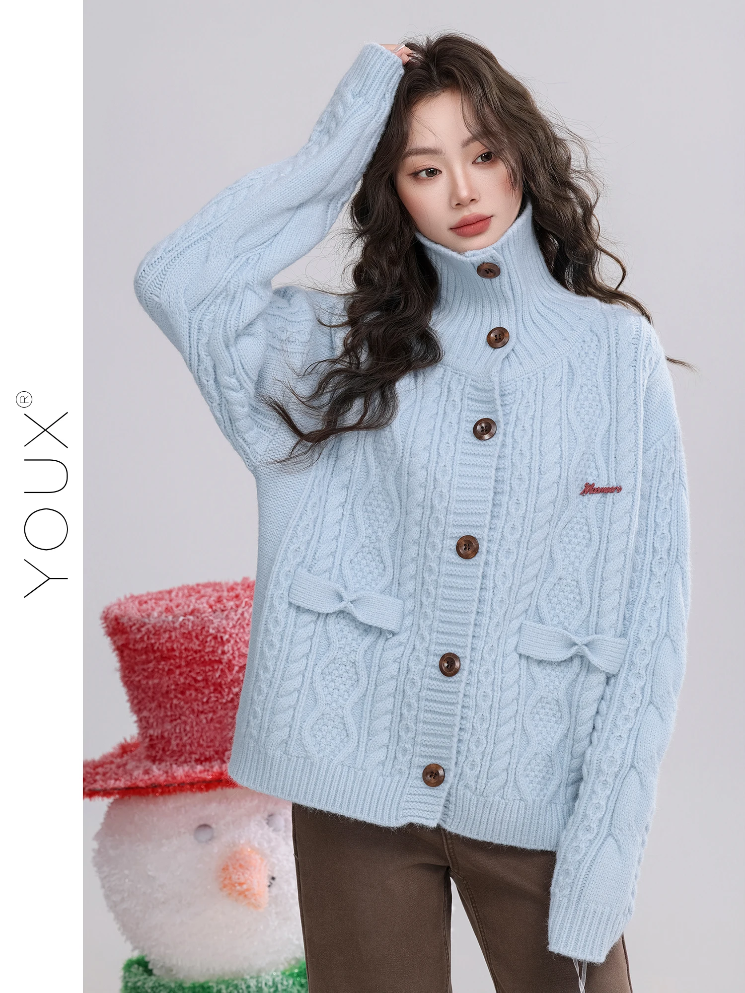 

Retro Style Loose High Collar Blue Knitted Open Cardigan Women's Winter Fashion Soft Acrylic Nylon Polyester Blend Daily Wear