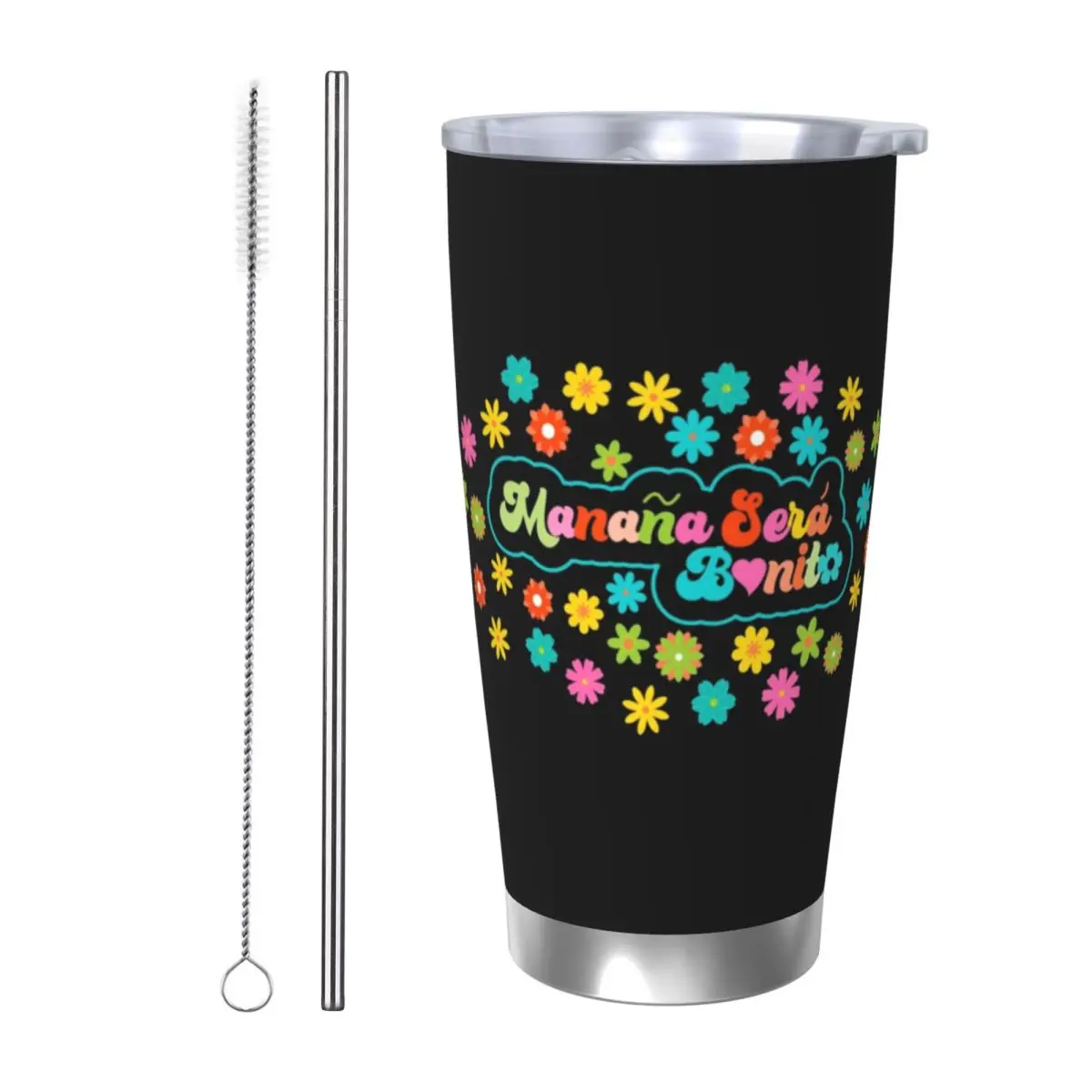 Manana Sera Bonito Karol G Inspired Insulated Tumbler with Straws Lid Vacuum Thermal Mug Office Home Hot Cold Drinks Cups, 20oz