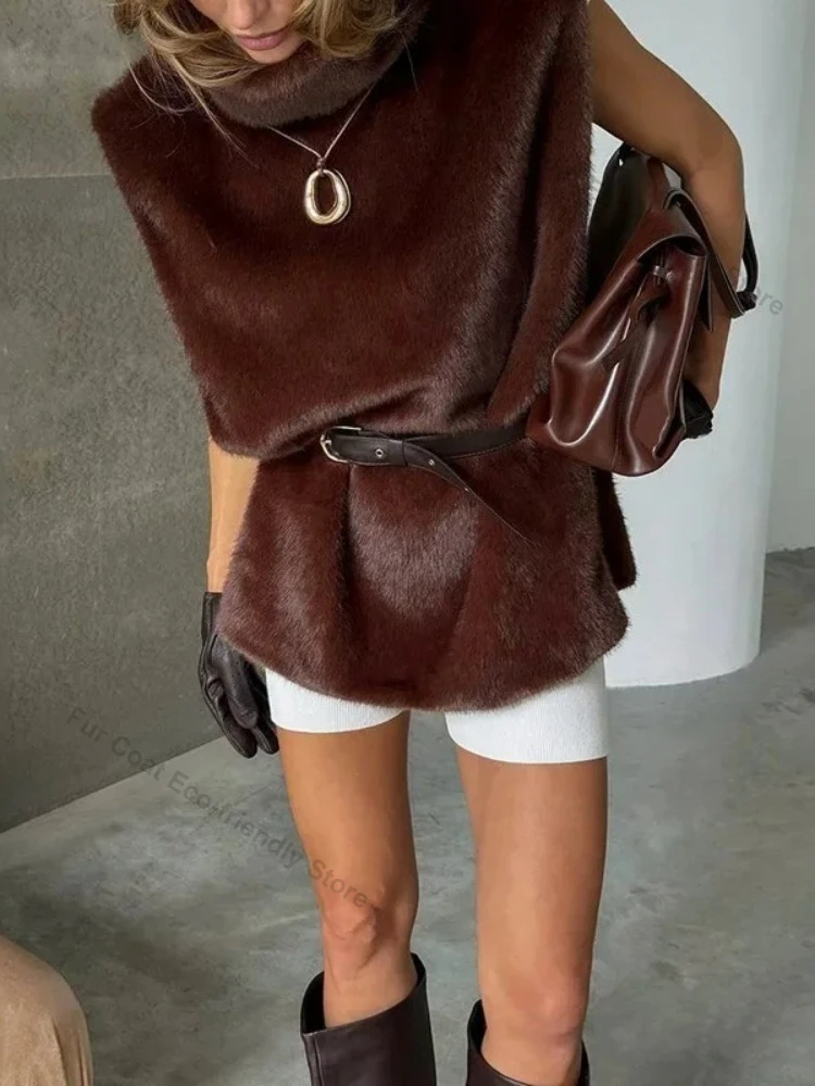Artificial Fur Jacket Thick Womens Faux Fur Vest 2026 Winter High Street Oversized Fluffy Warm Faux Mink Fur Coat Sleeveless