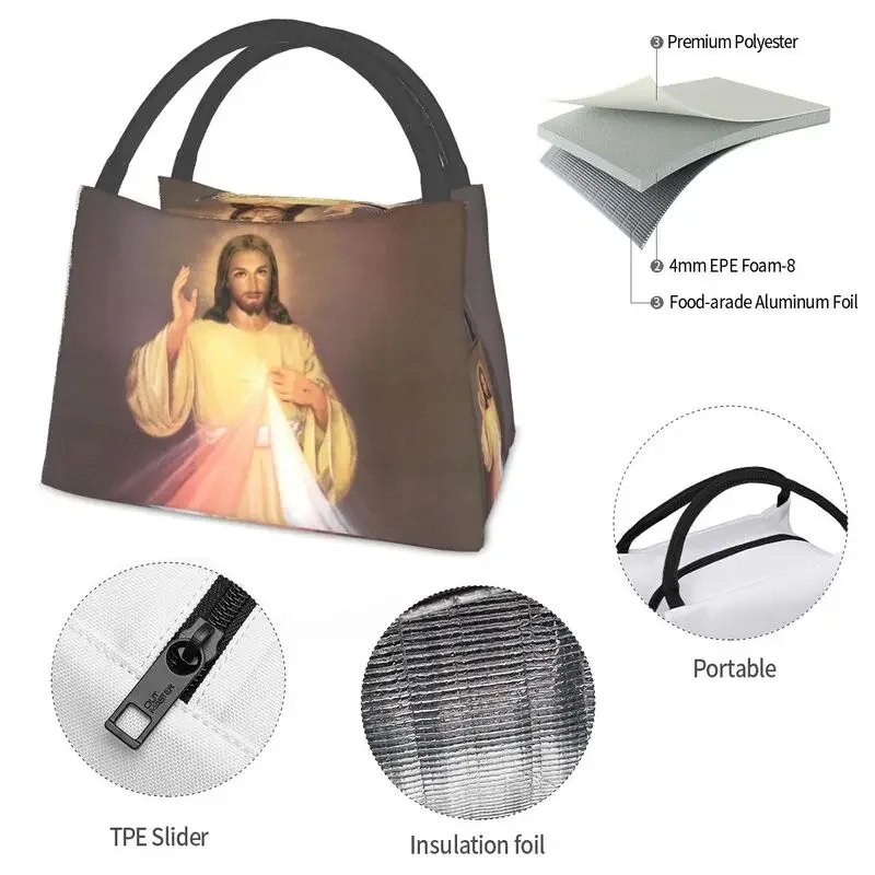 Divine Mercy Insulated Lunch Bags for Camping Travel Jesus Portable Cooler Thermal Lunch Box Women