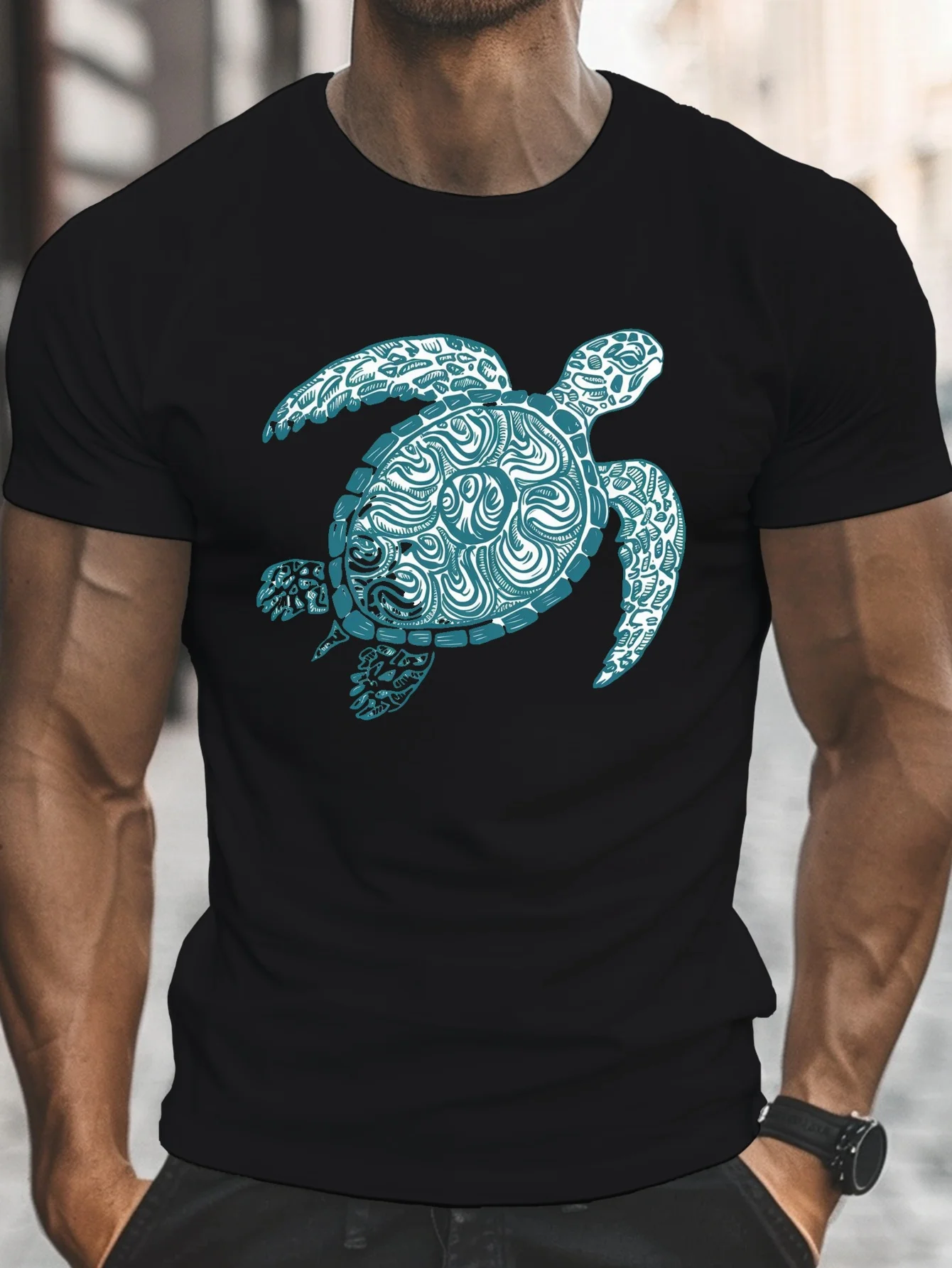 Men's Round-Neck Short-Sleeved T-Shirt with Tranquil Sea Turtle Illustration Print, Casual, Comfortable, Lightweight Summer Top