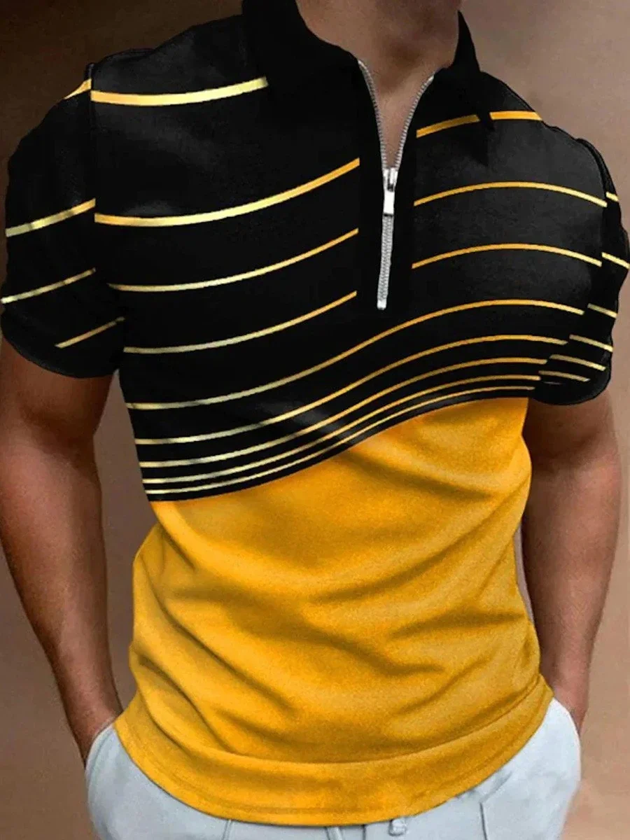 Men's Fashion Printed Short-Sleeved Polo Shirt Breathable Comfortable Zip Up Polo Shirt Oversized Shirt Summer Top