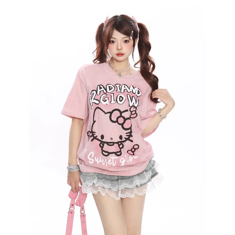 New Sweet and Cool Cartoon Kitty Cat Graffiti 3D Printed Short Sleeve T-shirt for Summer Loose and Versatile Quick Drying Top