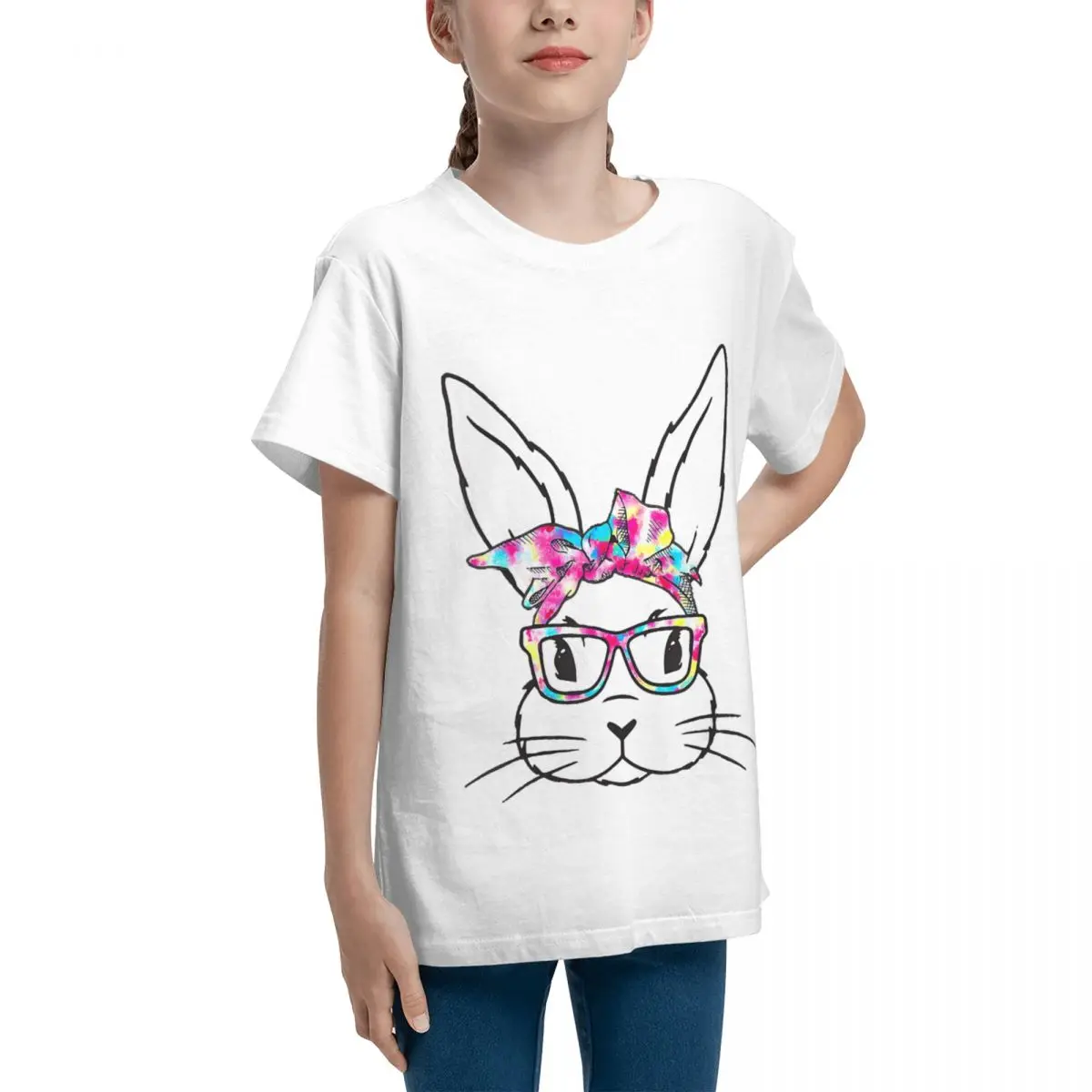 Bunny Face With Glasses Easter Day And Flowers Vintage Fitness Teenagers Basic Short Sleeve T-Shirt Retro T-shirts Funny Novelty