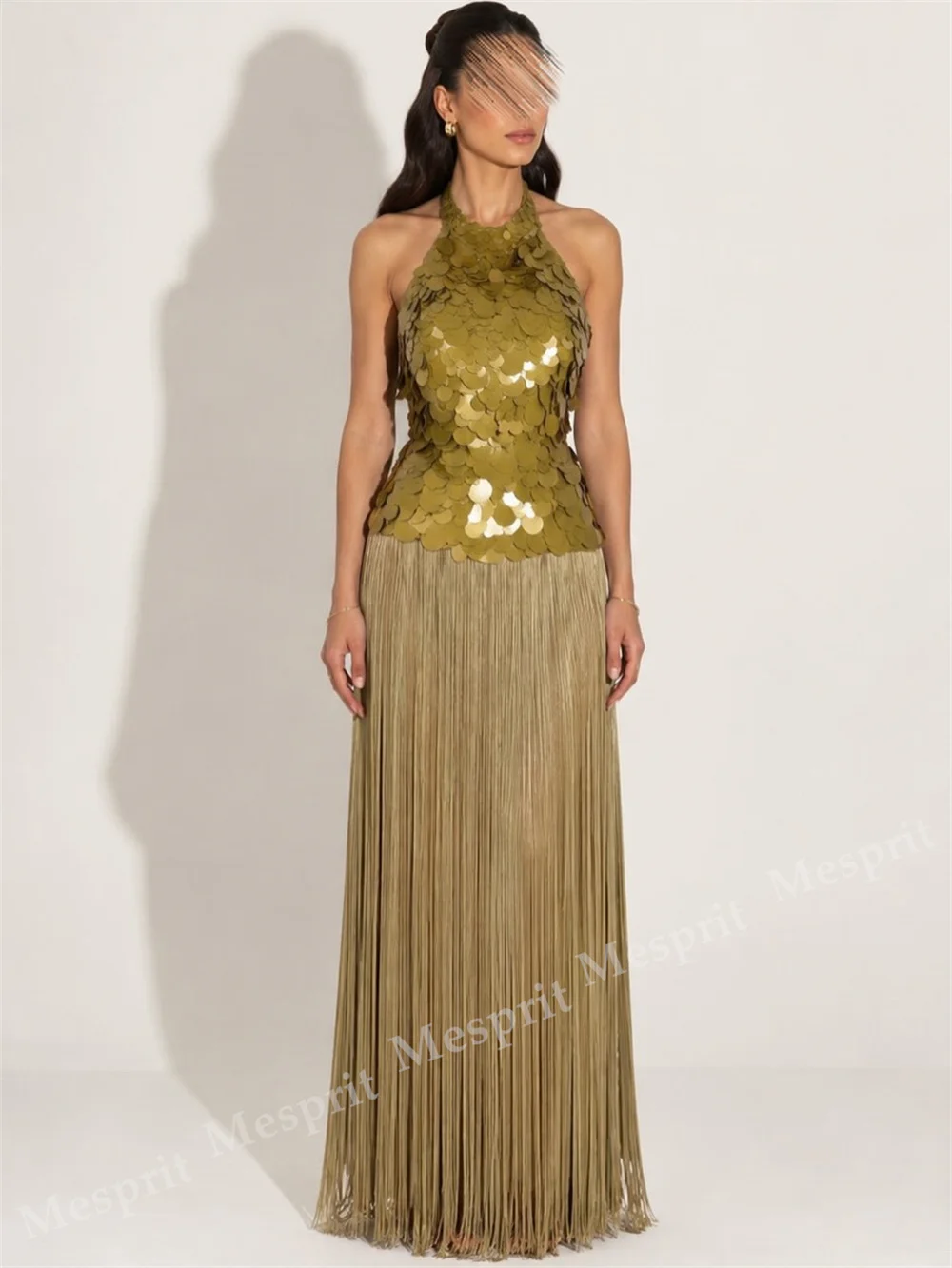 Customized Luxury Halter Sleeveless A-line Fringe Long Dresses Prom Dresses Sequined Sparkle Evening Dress Exquisite Party Gown