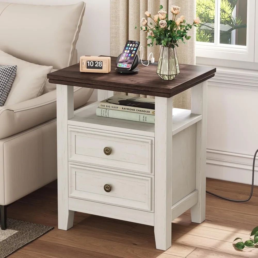 

ntique White Nightstand with Charge Station,Sofa End Table with 2 Drawers & Storage Shelf, Wooden Bed Side Table with USB Ports